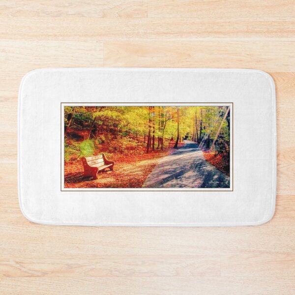Item preview, An Empty Park Bench on a Nature Trail Awaits Autumn Visitors designed and sold by AMacGPhilly.
