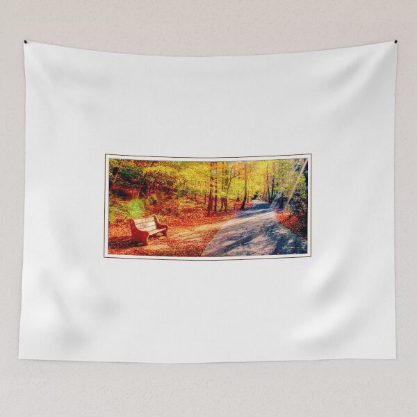 Item preview, An Empty Park Bench on a Nature Trail Awaits Autumn Visitors designed and sold by AMacGPhilly.