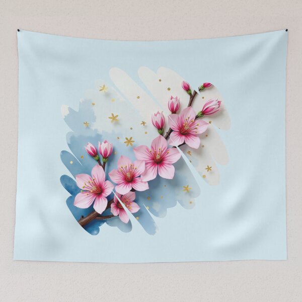 Item preview, Cherry Blossoms on Abstract Blue & White Brush Strokes - Watercolor Brush Stroke Art designed and sold by PriyaMagic.