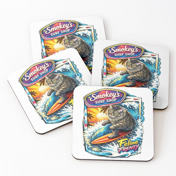 Item preview, Smokey’s Surf Shop 2.0 Cat Surfer Wave Rider Retro Poster Vibrant Coastal Vibes designed and sold by Thread-Riot.