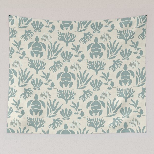 Item preview, Coastal style with sea turtles and flowing seaweed - blue green on cream designed and sold by ahahdodo.