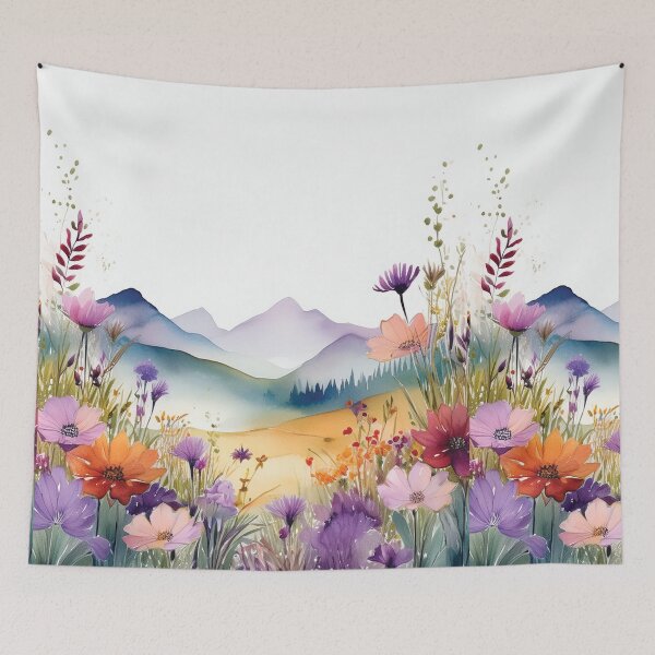 Item preview, Mountain Landscape Spring Boho watercolour pastel wildflower garden painting, nature inspired neutral colours floral spring botanical flowers designed and sold by navitalidesign.