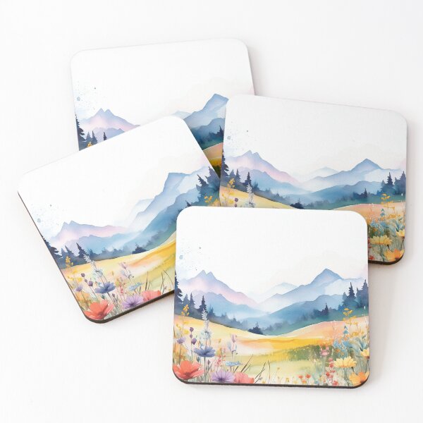 Item preview, BLUE Mountain Landscape Spring Boho watercolour pastel wildflower garden painting, nature inspired neutral colours floral spring botanical flowers designed and sold by navitalidesign.