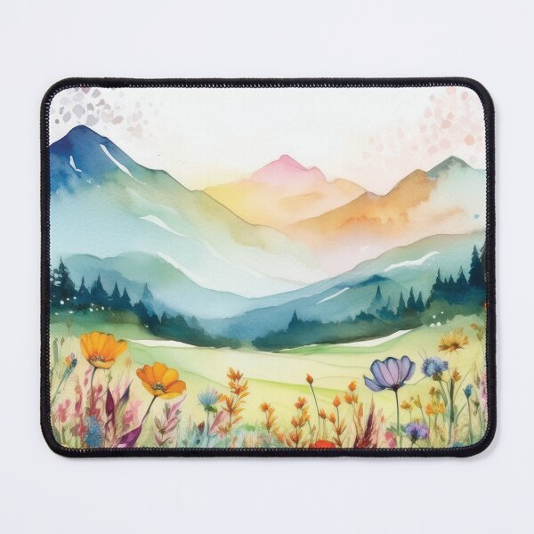 Item preview, Rolling hills Mountain Landscape Spring Boho watercolour pastel wildflower garden painting, nature inspired neutral colours floral spring botanical flowers designed and sold by navitalidesign.