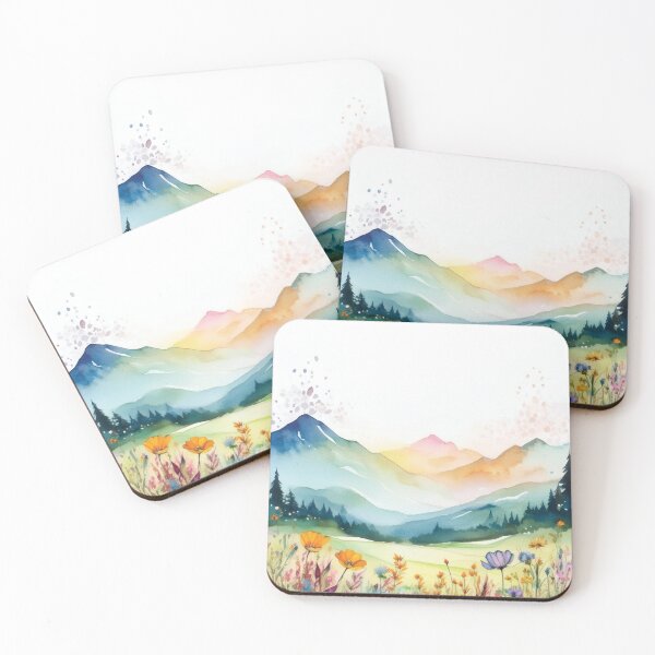 Item preview, Rolling hills Mountain Landscape Spring Boho watercolour pastel wildflower garden painting, nature inspired neutral colours floral spring botanical flowers designed and sold by navitalidesign.