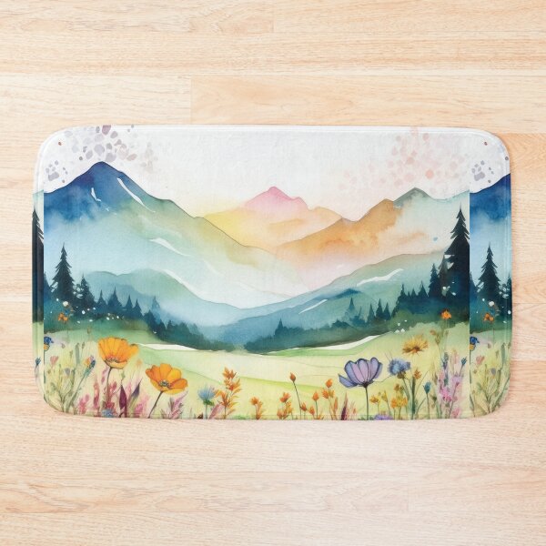Item preview, Rolling hills Mountain Landscape Spring Boho watercolour pastel wildflower garden painting, nature inspired neutral colours floral spring botanical flowers designed and sold by navitalidesign.