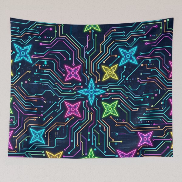 Item preview, Neon Ninja Stars Circuit Board Pattern – Cyberpunk Tech Art designed and sold by Gravitylessarts.