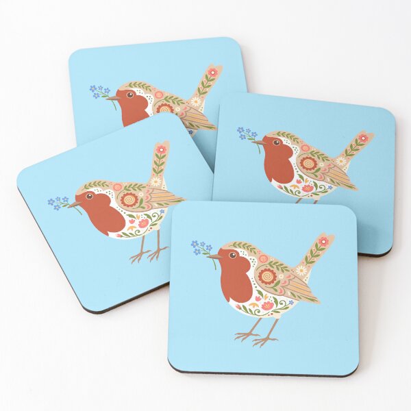 Item preview, Floral Folk Art Robin Holding Forget‑Me‑Nots – Scandinavian Folk Art by heidiannemorris © designed and sold by FOLK ART FUSION by heidiannemorris.