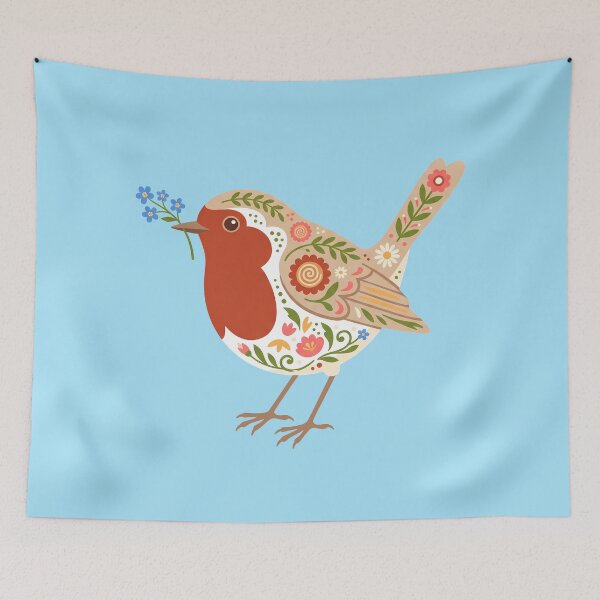 Item preview, Floral Folk Art Robin Holding Forget‑Me‑Nots – Scandinavian Folk Art by heidiannemorris © designed and sold by FOLK ART FUSION by heidiannemorris.