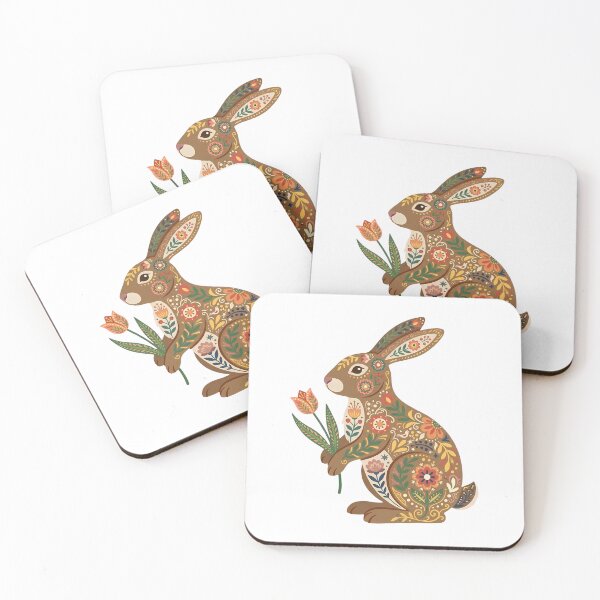 Item preview, Sitting Floral Folk Art Easter Bunny Rabbit Holding a Tulip – Scandinavian Folk Art by heidiannemorris © designed and sold by FOLK ART FUSION by heidiannemorris.