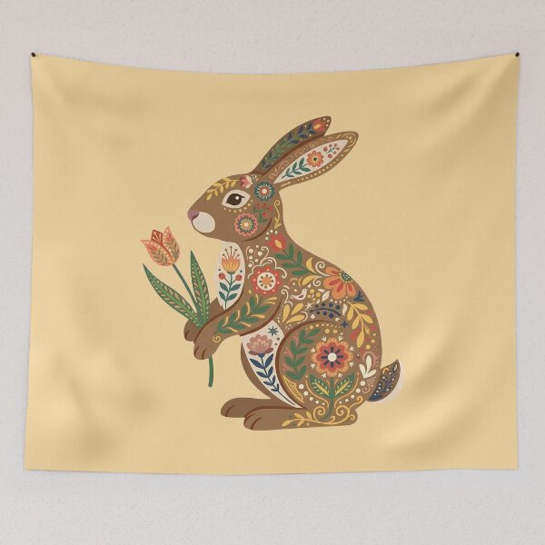 Item preview, Sitting Floral Folk Art Easter Bunny Rabbit Holding a Tulip – Scandinavian Folk Art by heidiannemorris © designed and sold by FOLK ART FUSION by heidiannemorris.