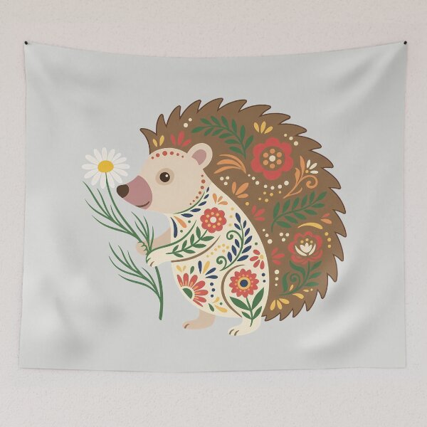 Item preview, Standing Floral Folk Art Cute Hedgehog Holding a Daisy – Scandinavian Folk Art by heidiannemorris © designed and sold by FOLK ART FUSION by heidiannemorris.