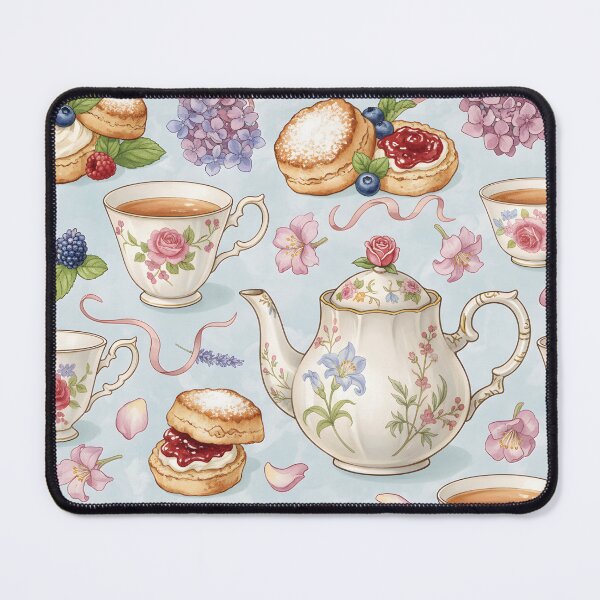 Item preview, Vintage English Tea Seamless Pattern – Teacups, Teapots, and Scones on Soft Blue designed and sold by HolmeProud.