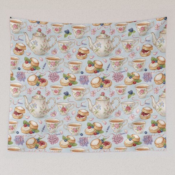 Item preview, Vintage English Tea Seamless Pattern – Teacups, Teapots, and Scones on Soft Blue designed and sold by HolmeProud.
