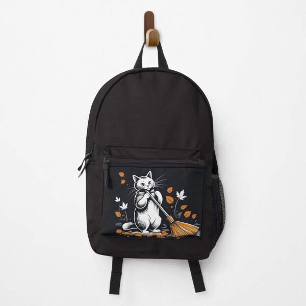 Item preview, Cute Cleaning Cat with Broom – Cozy Autumn Leaves Kitty Illustration designed and sold by LEO'S CREATURE れおずくりーちゃー.