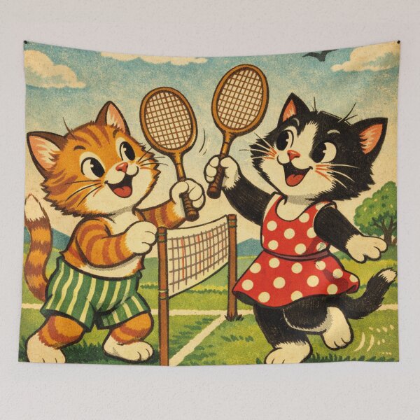 Item preview, Retro cats playing badminton outdoors designed and sold by Mauswohn.