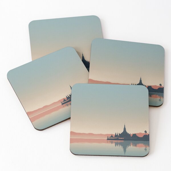 Item preview, Serene Thai Temple Reflection at Sunset Minimal Landscape Art designed and sold by KiraChie.
