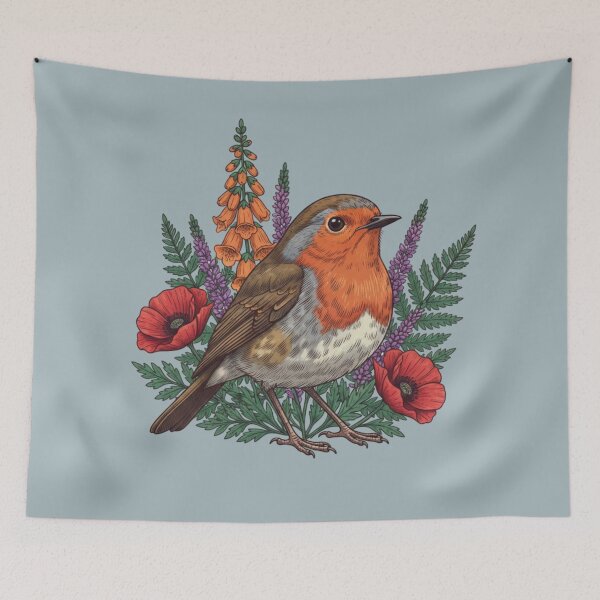 Item preview, European Robin Among Wildflowers and Ferns Botanical Bird Art  designed and sold by BirdsnStuff.