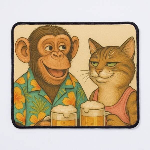 Item preview, After-work cheers: Monkey and cat enjoy their beer designed and sold by Mauswohn.