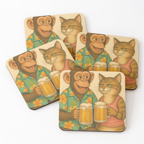 Item preview, After-work cheers: Monkey and cat enjoy their beer designed and sold by Mauswohn.