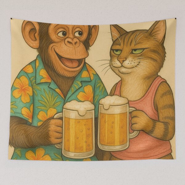 Item preview, After-work cheers: Monkey and cat enjoy their beer designed and sold by Mauswohn.