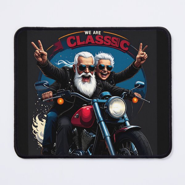 Item preview, Classic Motorcycle Couple of Happy Senior Bikers Riding Retro Bike and Flashing Peace Signs designed and sold by FireOrchid.