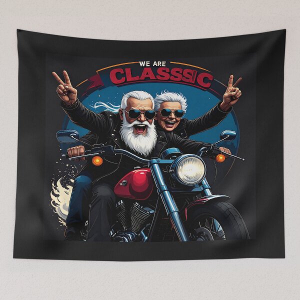 Item preview, Classic Motorcycle Couple of Happy Senior Bikers Riding Retro Bike and Flashing Peace Signs designed and sold by FireOrchid.