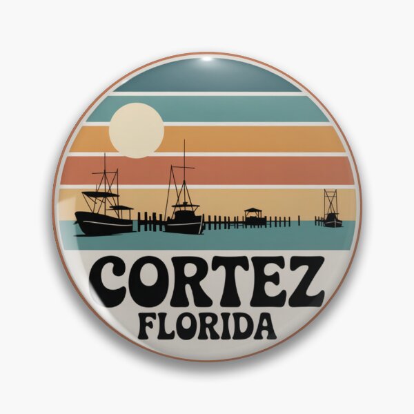 Item preview, Cortez Florida: Retro Fishing Boats Sunset Badge designed and sold by CircinusStore.