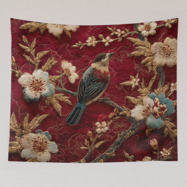 Item preview, Wine Red Silk Floral Birds Gentle Chinese Wallpaper designed and sold by GrinGalore.