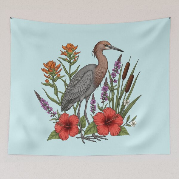 Item preview,  Vibrant Reddish Egret Among Wetland Wildflowers and Cattails designed and sold by BirdsnStuff.