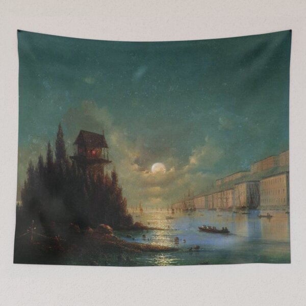 Item preview, View of seaside town in the evening with a lighthouse designed and sold by SharonTheFirst.