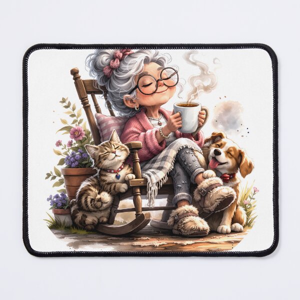 Item preview, Cozy Grandma Relaxing in Rocking Chair With Cat and Dog Enjoying Tea Morning designed and sold by FireOrchid.