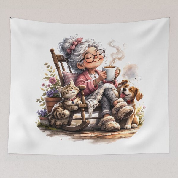 Item preview, Cozy Grandma Relaxing in Rocking Chair With Cat and Dog Enjoying Tea Morning designed and sold by FireOrchid.