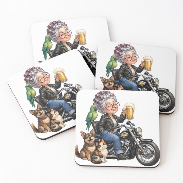 Item preview, Cheerful Grandma Biker on Motorcycle With Beer, Parrot, Dog and Cat in Leather Jacket designed and sold by FireOrchid.