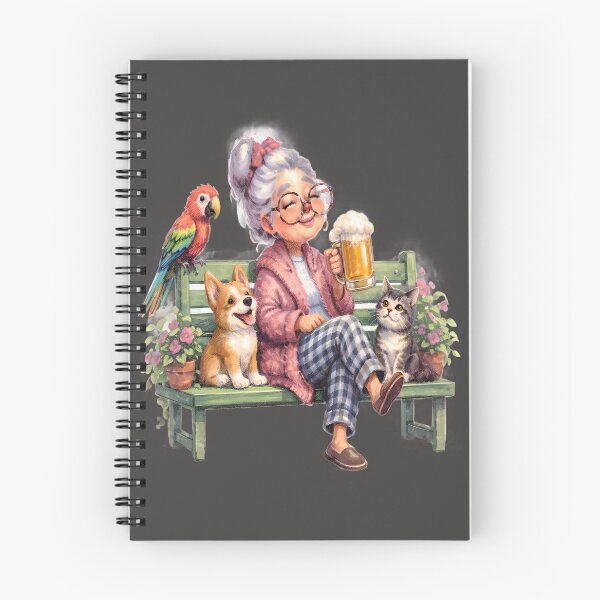 Item preview, Cheerful Grandmother Relaxing on Garden Bench With Dog, Cat and Parrot Enjoying a Beer designed and sold by FireOrchid.