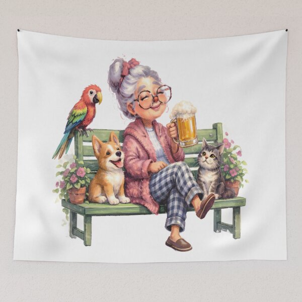 Item preview, Cheerful Grandmother Relaxing on Garden Bench With Dog, Cat and Parrot Enjoying a Beer designed and sold by FireOrchid.