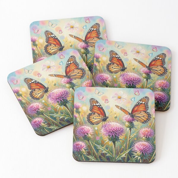 Item preview, Luminous monarch butterflies on wild thistles in a colorful natural setting designed and sold by FotoworldEdel.