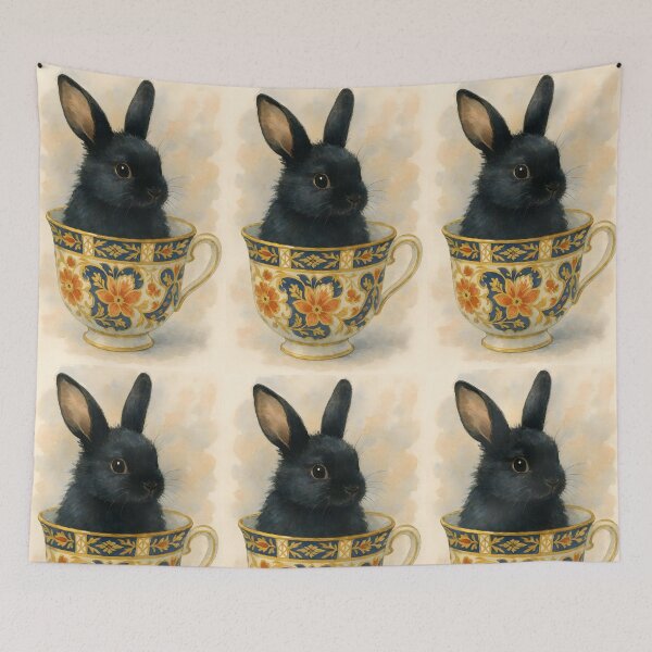 Item preview, Heirloom Bunny – Cute Black Rabbit Sitting in Vintage Teacup designed and sold by EmeraldeaArt.