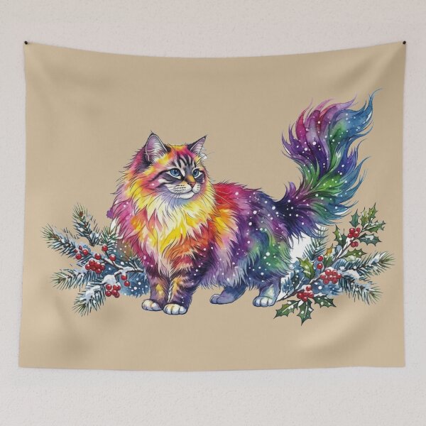 Item preview, Festive Lynx Point Cat with Rainbow Fur and Snow designed and sold by BLUESKY11a.