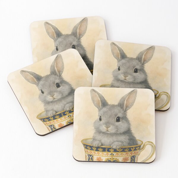 Item preview, Heirloom Bunny – Cute Grey Rabbit Sitting in Vintage Teacup designed and sold by EmeraldeaArt.