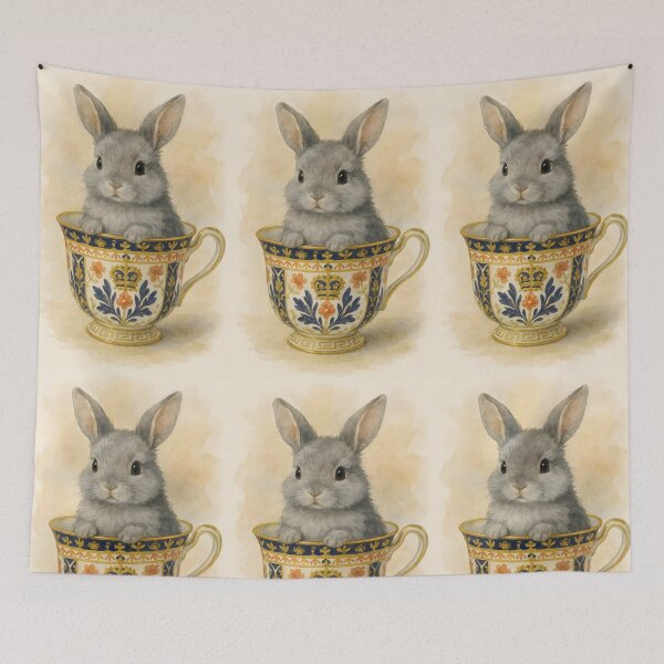 Item preview, Heirloom Bunny – Cute Grey Rabbit Sitting in Vintage Teacup designed and sold by EmeraldeaArt.