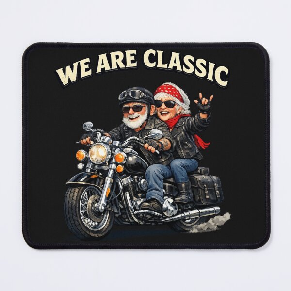 Item preview, We Are Classic: Happy Senior Couple Riding A Vintage Motorcycle Together With Holiday Scarf designed and sold by FireOrchid.