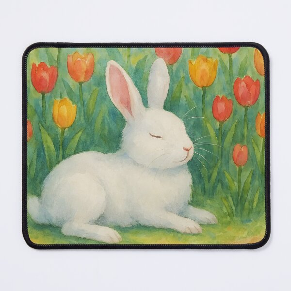 Item preview, White Bunny Resting Under Spring Tulips – Soft Watercolor Illustration designed and sold by EmeraldeaArt.