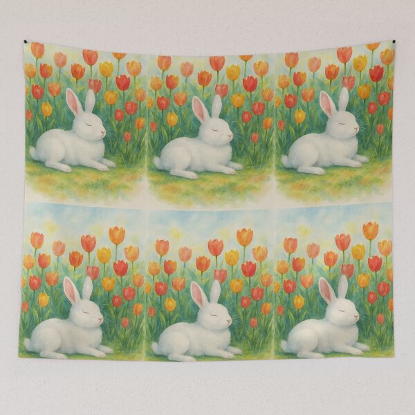 Item preview, White Bunny Resting Under Spring Tulips – Soft Watercolor Illustration designed and sold by EmeraldeaArt.