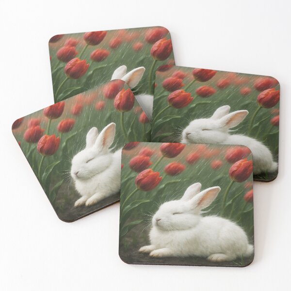 Item preview, White Bunny Under Red Tulips in Storm – Rainy Windy Nature Scene designed and sold by EmeraldeaArt.