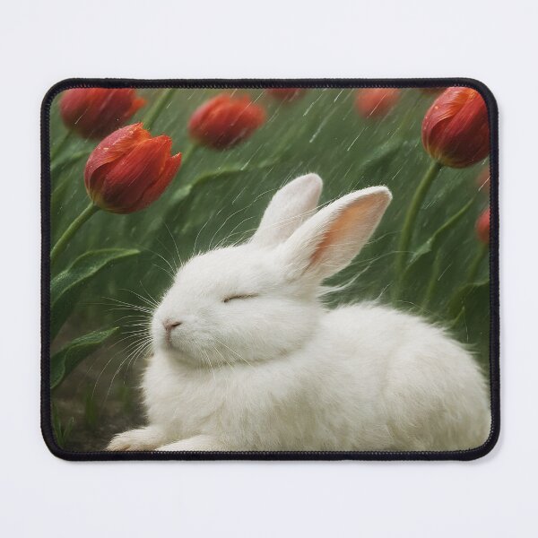 Item preview, White Bunny Under Red Tulips in Storm – Rainy Windy Nature Scene designed and sold by EmeraldeaArt.