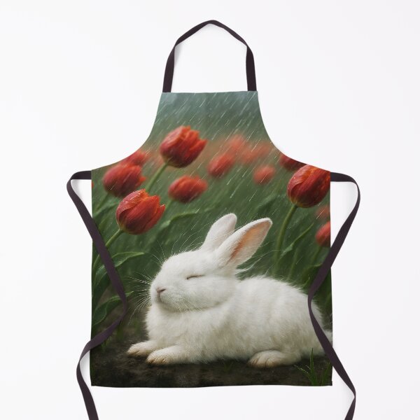 Item preview, White Bunny Under Red Tulips in Storm – Rainy Windy Nature Scene designed and sold by EmeraldeaArt.