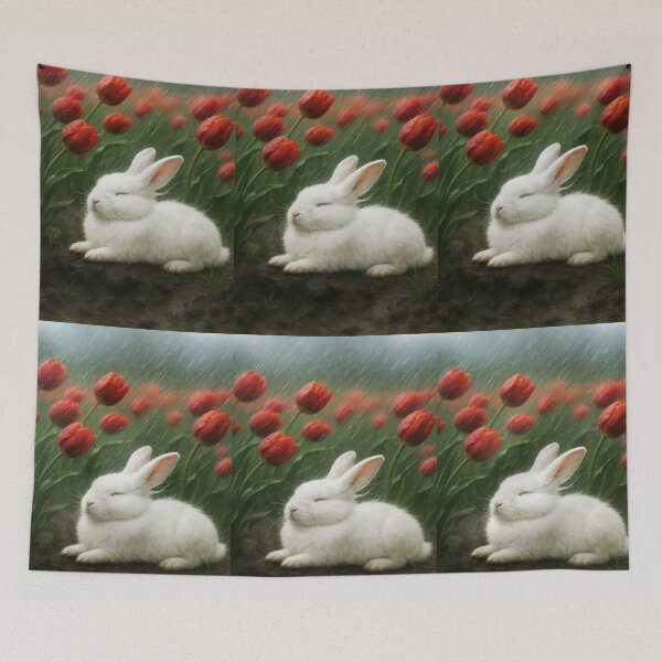 Item preview, Conejo blanco bajo tulipanes rojos en medio de una tormenta: escena de naturaleza lluviosa y ventosa. designed and sold by EmeraldeaArt.
