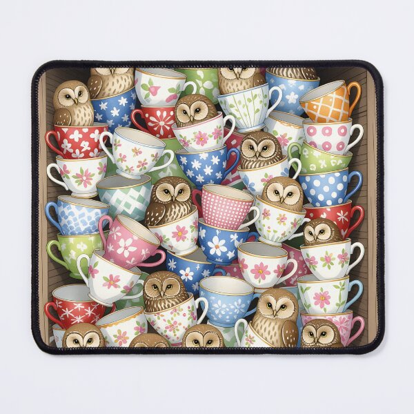 Item preview, Owls hiding in an overflowing cupboard where dozens of mismatched teacups are crammed together. designed and sold by Ponted.