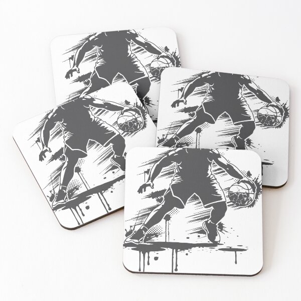 Item preview, High-contrast black and white illustration of a basketball player dribbling with gritty grunge splatter, halftone texture and urban street art energy conveying motion designed and sold by Dejbar.